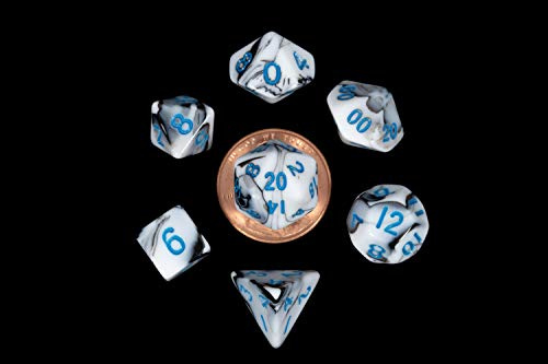 Fanroll - 10mm Mini Polyhedral Dice set - Marble w/Blue Numbers