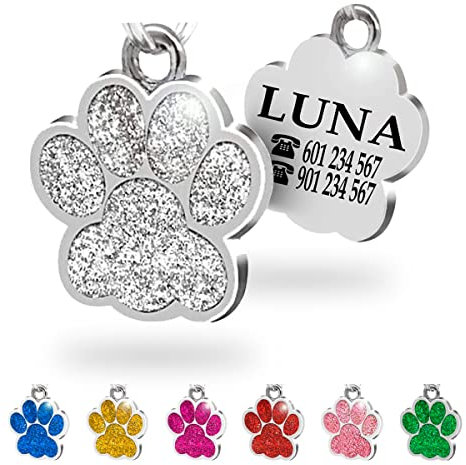Ibera Gifts - Chapa Perro Grabada en Forma de Pata con Purpurina, Placa Perro Personalizada para Perros y Gatos Pequeños y Medianos, Tamaño 24 mm x 27 mm, Chapa Identificativa Perro y Gato (Plateado)