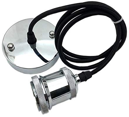 Icole Vintage Pendant Light Fitting, Modern Retro Industrial Style E27 Gold Bronze Lamp Holder Gold Bronze Ceiling Rose, Black Braided Flex Cable