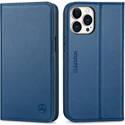 SHIELDON Custodia per iPhone 12 Pro Max, Cover Vera Pelle Slot Schede Blocco RFID Portafoglio Antiurto Cover Cavalletto Flip Caso Magnetico Compatibile con iPhone 12 Pro Max (6,7 2020), Blu Reale