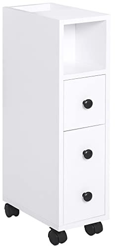 kleankin Slimline Bathroom Storage Unit w/ 2 Drawers 2 Open Compartments Wheels Handles Freestanding Compact Home Office Furniture White