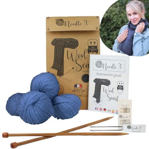 Needle It® - Komplettes Strickset für Anfänger mit Stricknadeln - Strickschal aus Wolle - Geschenkidee (Blau)