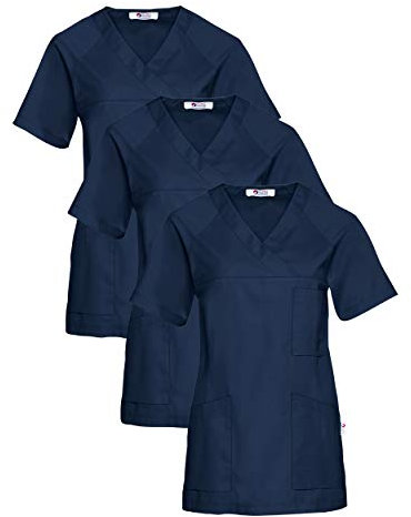 CLINIC DRESS Schlupfkasack 3er-Pack Damen Kasacks für Pflege Ärzte und Ärztinnen Praxisteam V-Ausschnitt Raglanärmel 95 Grad Wäsche Navy, L