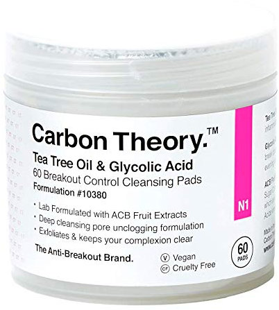 Carbon Theory Teebaumöl & Glykolsäure Peeling-Peeling Breakout Control Reinigungspads | natürlich, vegan und tierversuchsfrei | 60 Pads