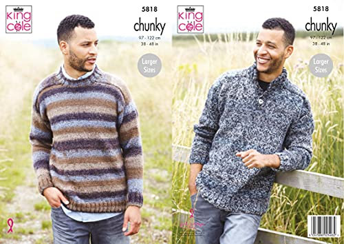 King Cole 5818 Knitting Pattern Mens Round Neck and Placket Sweaters in Autumn Chunky, 38 - 48