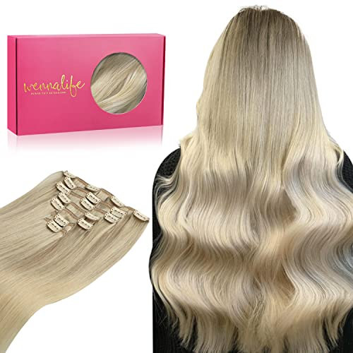 WENNALIFE Extensiones Clip Pelo Natural, 60cm 120g 7 Piezas, Rubio Ceniza a Rubio Dorado y Rubio Platino Extensiones de Clip Natural Extensiones Pelo Remy Extensiones Cabello Postizos Mujer