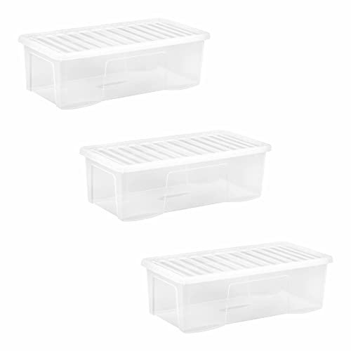 JMS we create smile - Crystal 62L Clear Plastic Storage Boxes with Lids. Under Bed Storage, Strong Made in the UK (Pack of 3, 62 Litre)