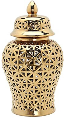 SM SunniMixKeramische Große Vase Ornamente, Ginger Jar Ceramics Hollow General Jar Candy Storage Jar, kreatives Kunsthandwerk-Wohnzimmer Hausdekoration Zubehör für Wohnzimmer Dekoration, golden