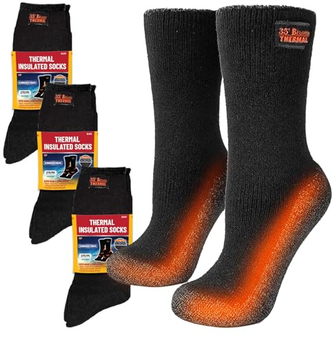 35° BELOW Thermal Insulated Socks for Men & Women, 3 Pairs, Black, Large