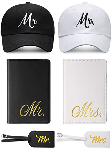 Jeyiour 6-teiliges Mr and Mrs-Geschenk-Set für Paare, inklusive Braut-Baseballkappen, Bräutigam, Gepäckanhänger, Reisepasshüllen für Braut, Hochzeit, Flitterwochen, Paare, Reisen, Männer und Frauen,