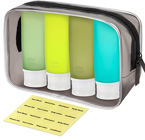 INSFIT Travel Bottles for Toiletries, 90ml Travel Containers for Toiletries Leakproof BPA Free CAA Approved Squeezable Silicone Tubes Travel Accessories with Labels Green