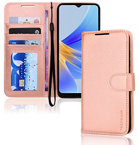 TECHGEAR Leather Wallet Case for Oppo A17 Flip Protective Case Cover with Wallet Card Holder, Stand & Wrist Strap, Rose Gold PU Leather with Magnetic Closure