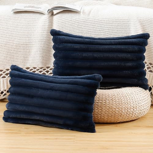 Madizz 2er Set Kunstpelz Plüsch Dekorative Kissenbezüge Flauschig Gestreifte Weich Dekorative Kissenbezug für Sofa Schlafzimmer Kissen Shell Dunkelblau 30 x 50 cm
