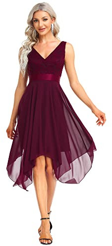 Ever-Pretty Robe de Cocktail Asymétrique au Genou Femme Double Col-V sans Manche en Dentelle Mousseline de Soie Mûre 52