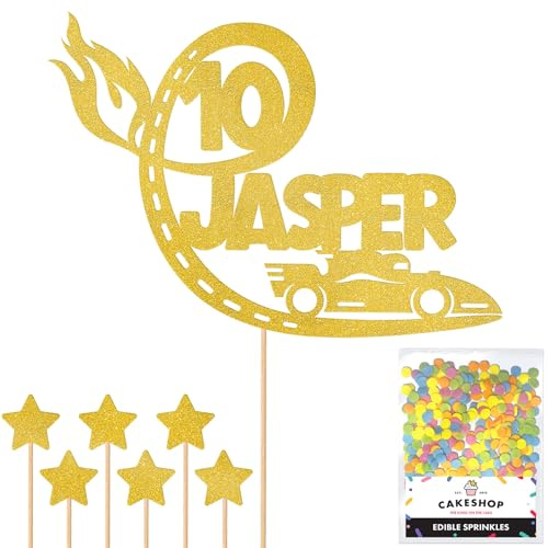 Personalised F1 Motor Racing Car Glitter Cake Topper - Gold Custom Age & Name Glitter Cake Decoration and Sprinkles - Happy Birthday Decorations - Personalised Toppers for Cakes by Cakeshop