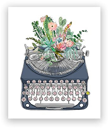 Schreibmaschine Aquarell Kaktus Kunst Leinwandbild Schriftsteller Geschenk Schreibmaschine Poster Vintage Malerei Bilder Büro Wandkunst Dekor 50X70Cm Kein Rahmen
