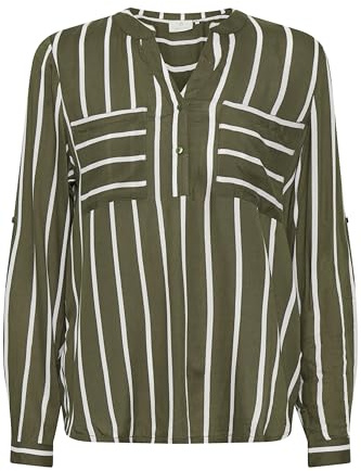 KAFFE Damen Damenbluse, Gestreift, V-Ausschnitt, Lange Ärmel, Reguläre Passform, Brusttaschen Bluse