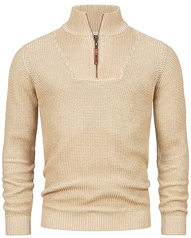 Indicode Herren INYassip Strickpullover mit Stehkragen | Pullover Herrenpulli mit Kragen und Reißverschluß Irish Cream, XL