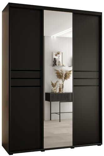 MEBLE KRYSPOL Davos 11 170 Schrank mit DREI Schiebetüren für Schlafzimmer - Moderner Schrank mit Spiegel, Kleiderstange und Regalen - 235,2x170x45 cm - Schwarz Schwarz Schwarz