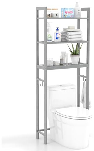 COSTWAY Toilettenregal 170cm, WC Regal mit 3 ablagen, Regal für Waschmaschine Metall, inkl. 3 Haken, mit höhenverstellbarer Querstange (Grau)