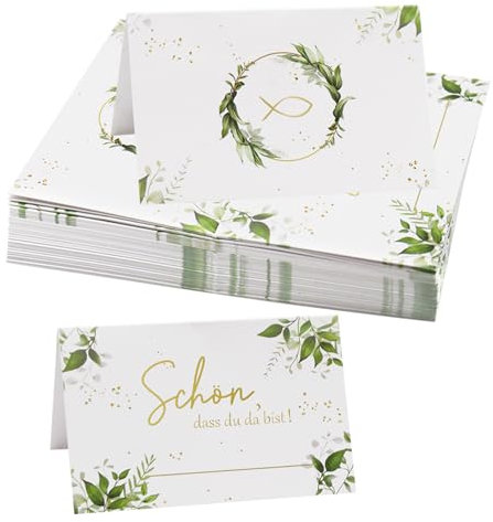 50 Stück Tischkarten Hochzeit, Tischkarten Taufe Kommunion Konfirmation, Platzkarten Schön dass du da bist mit Fisch Eukalyptus, Namenskarten zum Beschriften, Tischkarten für Hochzeit Taufe Geburtstag
