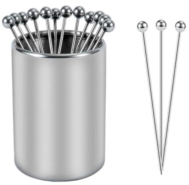 Lot de 12 Cure-Dents en Acier Inoxydable pour Cocktail, apéritif, Boisson, fête, décoration, carcuterie, sandwichs, brochettes, Fruits, collations avec Support