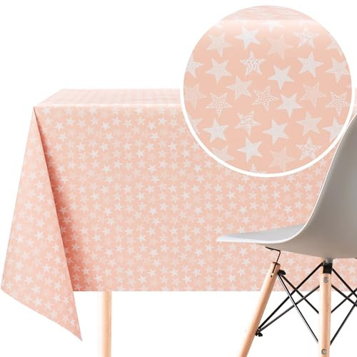KP HOME PVC Wachstuchtischdecke Rechteckig 300x140 cm - Abwischbare Tischdecke Wasserdichtes für 10 Personen - Vinyl Tischtuch, Pfirsichfarbene Tischdecke Kunststoff, mit weißem Sternenmuster