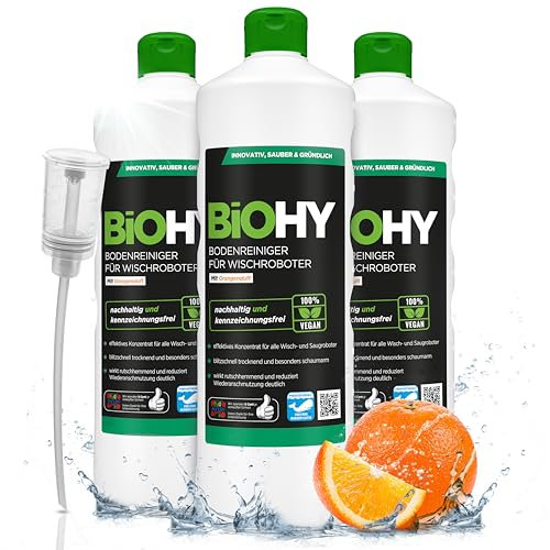 BiOHY Bodenreiniger für alle Wischroboter mit Orangenduft (3 x 1 Liter) + Dosierer | Schaumarm & Streifenfrei | Reinigungsmittel Konzentrat für alle Böden