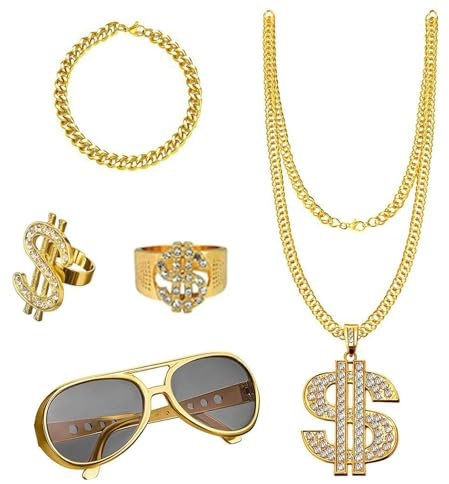 Jisrcha 5 Stück Set Hip Hop Schmuck, Goldkette Fasching, Dollar Kette Gold, Rapper Kostüm, Zuhälter Kostüm, 80er 90er Jahre Herren Hip Hop Mafia Kostüm Herren, Accessoire Kostüm Karneval Mottoparty