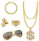 Jisrcha 5 Stück Set Hip Hop Schmuck, Goldkette Fasching, Dollar Kette Gold, Rapper Kostüm, Zuhälter Kostüm, 80er 90er Jahre Herren Hip Hop Mafia Kostüm Herren, Accessoire Kostüm Karneval Mottoparty