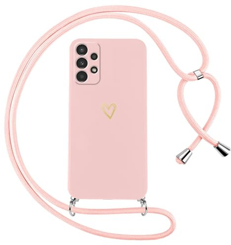 Oelrstfe Coque pour Samsung Galaxy A13 4G avec Cordon de Collier Étui Housse Souple Silicone avec Motif Coeur et Portable Lanyard Réglable Antichoc Anti-Chute Bandoulière Lanière Case,Rose