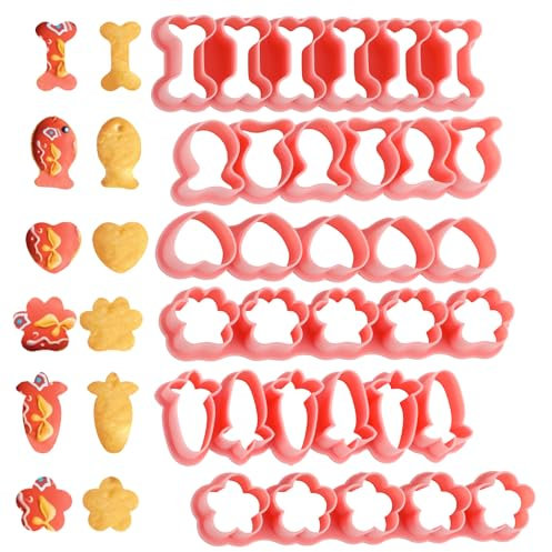 Prasacco 6 Stück Kreative Ausstechformen Set, Kunststoff Mini Ausstechformen 33 Mulden Mini Goldfisch Karotte Blume Hundepfote Knochen Herz Keksausstecher für Kekse, Gebäck, Schokolade, Fudge (Rosa)