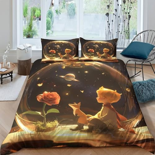 HITBOD 3D Con Stampa Di Piccolo Principe And Rose Set Di Biancheria Da Letto Con 3 Pezzi Copripiumino Con Cerniera E Federe Per Ragazzi E Ragazze,coppie,camera Da Letto,decorazione Double(200x200cm)