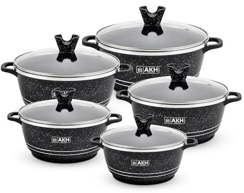 AKH HOUSEWARE Non Stick Stock Pot with Lid Casserole Dish - Large Heavy Duty Die Cast Aluminum Stockpot - Granite Finish Cooking Pot - Gas & Induction Hob Compatible (Black, Set of 5)