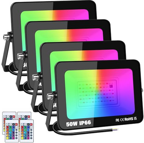 YOJZMA 4pcs 50W RGB Projecteur LED Extérieurs avec Télécommande, 16 Couleurs 4 Modes Fonction Mémoire Exterieur Interieur Projecteur, IP66 Etanche Neon Spot LED pour Jadin, Terrasse Patio, Fête