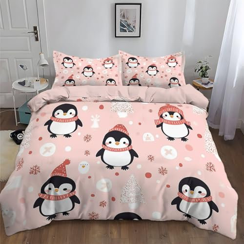 CozyRest Rosa Beige Bettwäsche 135 x 200 cm Reversibel, Niedlicher Cartoon-Pinguin Mikrofaser Bedruckte Bettbezug Set 3 teilig - 1 Flauschige Bettbezug und 2 Kissenbezug 80x80 cm Weich und Bügelfrei