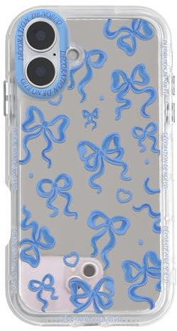 NITITOP Compatible with iPhone 16 Case Cute Mirror Bow Love Heart Pattern for Women Girls Ribbon Design Shockproof Silver Protective Phone Cover - Blue Bow