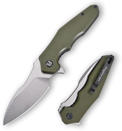 Hightron MINI VENTURA EDC-Taschenmesser, 7.24 CM, Klinge aus Stonewashed-D2-Stahl, Grober G10-Griff, Klappmesser mit Flipper, Kleines EDC-Messer mit Clip für Männer und Frauen,Camping, Wandern,Grün-W