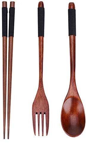 Japanese Wooden Chopsticks Spoon Fork Tableware 3pcs Set Travel Utensils for Camping,Picnic,Office or Home (with Thread) (-TJ08973-01)