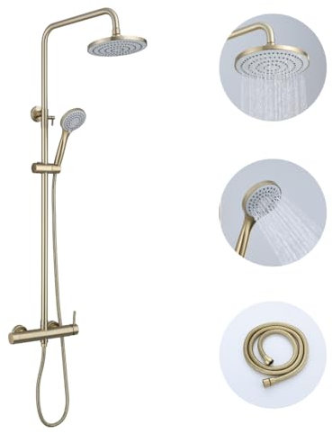 DILECI - Columna de ducha de oro cepillado con mezclador - Diseño lujoso y ahorrador de agua - Cabezal de ducha giratorio, ducha antical acabado elegante - perfecto para baño moderno