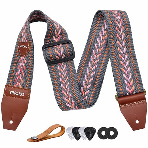 YIKOKO Gitarrengurt 5,1 cm Baumwolle Gitarrengurte mit Vollnarbenlederende für Bass-, Elektro- und Akustikgitarren