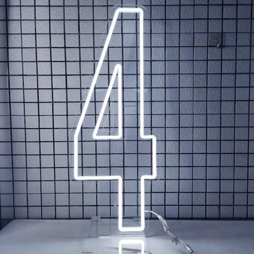 DS&DV Led Neon Number 4 Light Sign,Dimmable Neon Letters with Stand Up Base for Party Decoration (30 Cool White, Number 4)