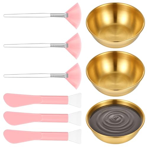 Lot de 9 bols pour le visage et pinceaux de masque, spatules cosmétiques pour crème avec 3 bols cosmétiques dorés, 3 masques faciaux en silicone et pinceaux éventails pour la maison, le salon de