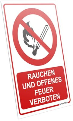 PRINTIMA Hinweisschild „RAUCHEN UND OFFENES FEUER VERBOTEN” 21x32 cm – Verbotsschild mit Montage-Dübeln, Sicherheitskennzeichnung für Industrie und öffentliche Bereiche