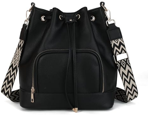 Gladdon Damen Umhängetasche Bucket Bag mit Kordelzug – große Schultertasche mit Vordertasche, verstellbarem Gurt – elegant & praktisch für Alltag, Arbeit und Reisen – Schwarz/Braun/Beige