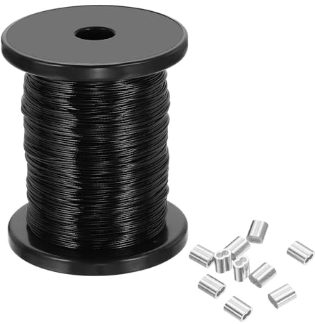 PATIKIL 100m 0.8mm Wire Rope, 304 Stainless Steel Bright Aircraft Cable Wire Rope Vinyl Coated with 100pcs Crimping Sleeves for Hanging Lights Clotheslines Trellis, Black