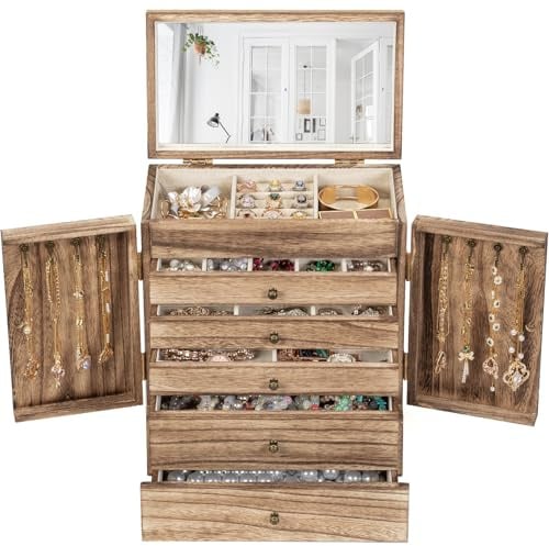 Emfogoo Schmuckkästchen für Damen, 6 Ebenen Rustic Aufbewahrungsbox, Groß Holz Schmuckaufbewahrung mit Spiegel, Schmuckkasten Organizers für Ringe, Ohrringe, Armbänder, Halsketten (Retro Brown)