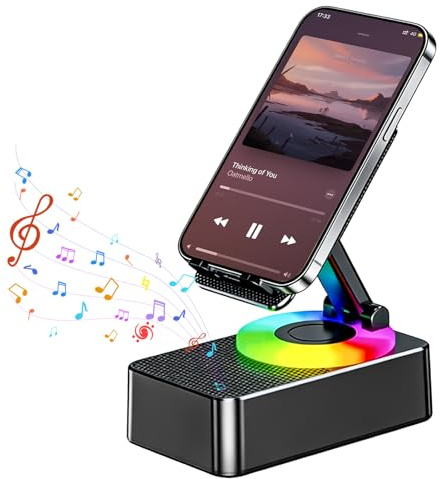 Soporte para Teléfono con Altavoz Bluetooth, Giratorio, con Luz Nocturna Regulable y Cargador Inalámbrico, Regalo para Hombres y Mujeres