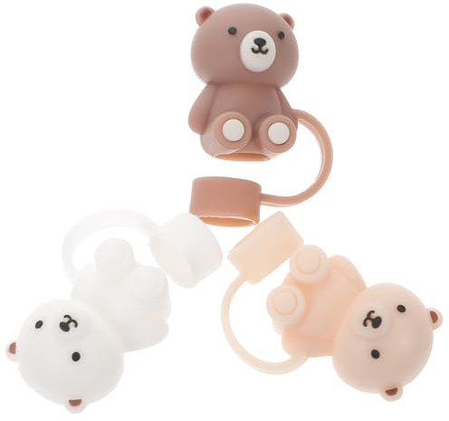 FENICAL 3pcs Silicone Straw Covers Bear Shape Design Safe and Practical Silicone Straw Topper Caps Suitable for Occasion or Party Use