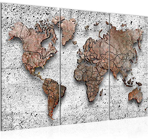 Runa Art Wandbilder Weltkarte 3D Effekt Bild XXL Büro Wohnzimmer Grau Kontinente Beton 120 x 80 cm 3 Teilig 107731b